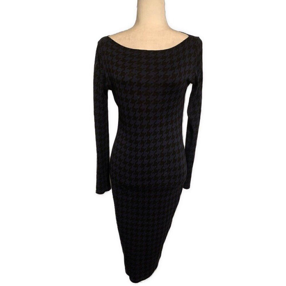 Isabel De Pedro Navy Blue Black Houndstooth Long Sleeve Sweater Dress 6 Small